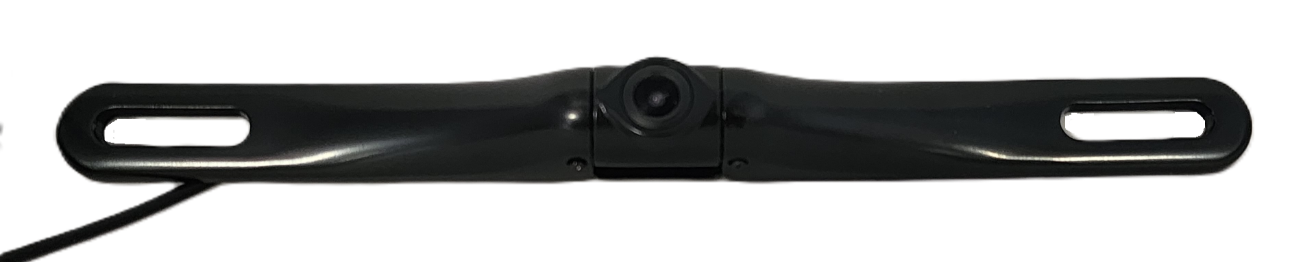 The Black HD Slim License Plate Backup Camera is elegantly mounted on a bracket with two elongated holes, featuring a sleek black design and central lens that connects via cable to enhance vehicle safety when backing up.
